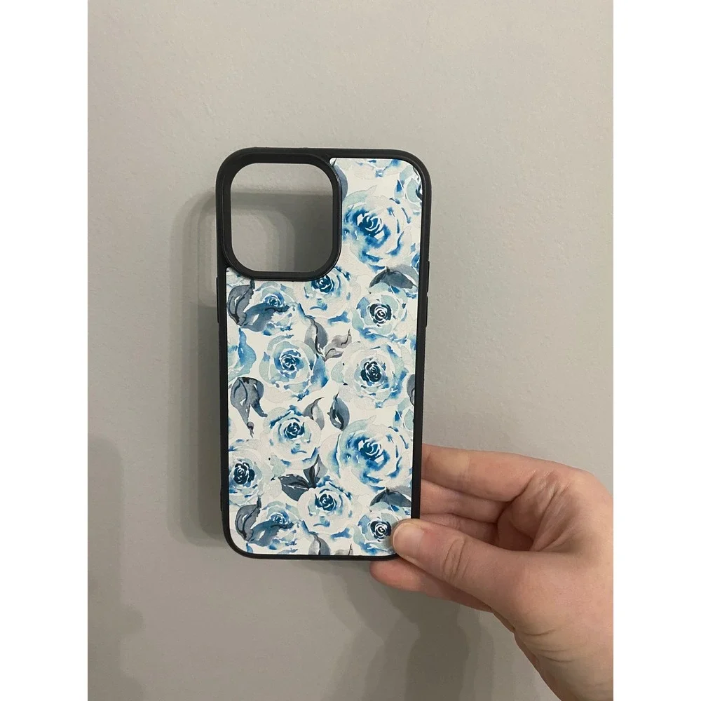 iPhone 14 Pro Max Case Unisex OS Blue White Watercolor Floral Rose Pattern Slim
